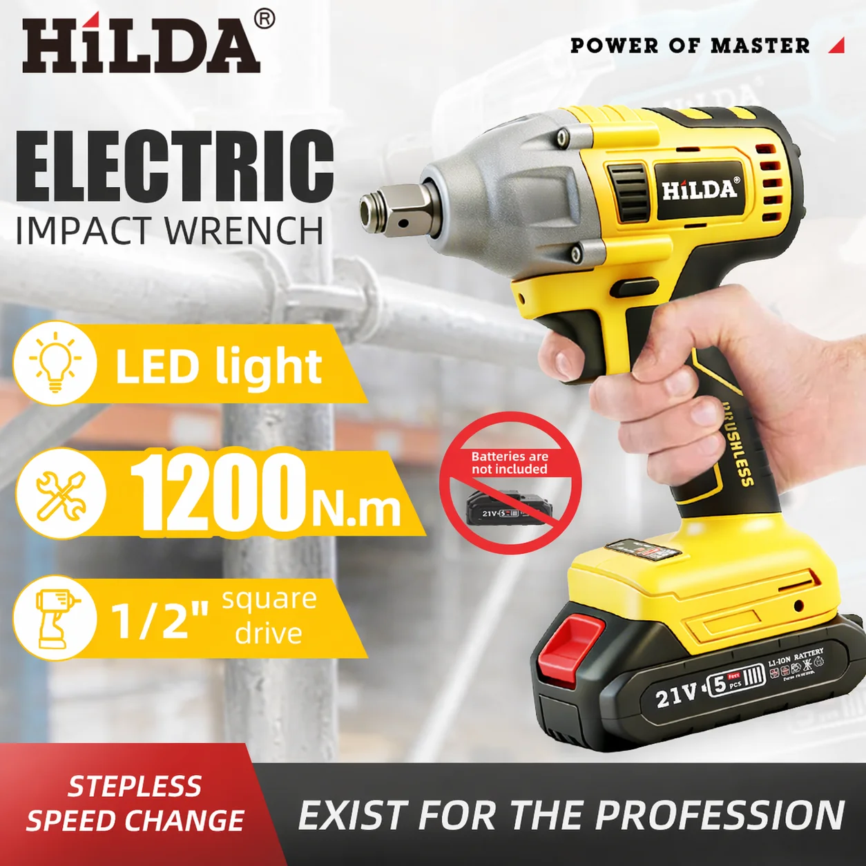 HILDA 1/2" Brushless Impact Wrench 1200N.m High Torque Electric Wrench Power Tool for Scaffolding Tire Repair For Makita Battery