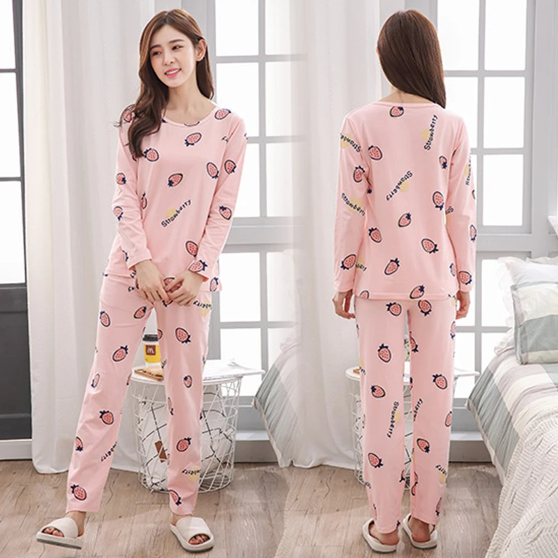 2 Pieces Women Pajamas Suit Cartoon Cat Print Girl Sleepwear Long-Sleeved Trousers Pyjamas Set Round Neck Home Clothes Nightwear