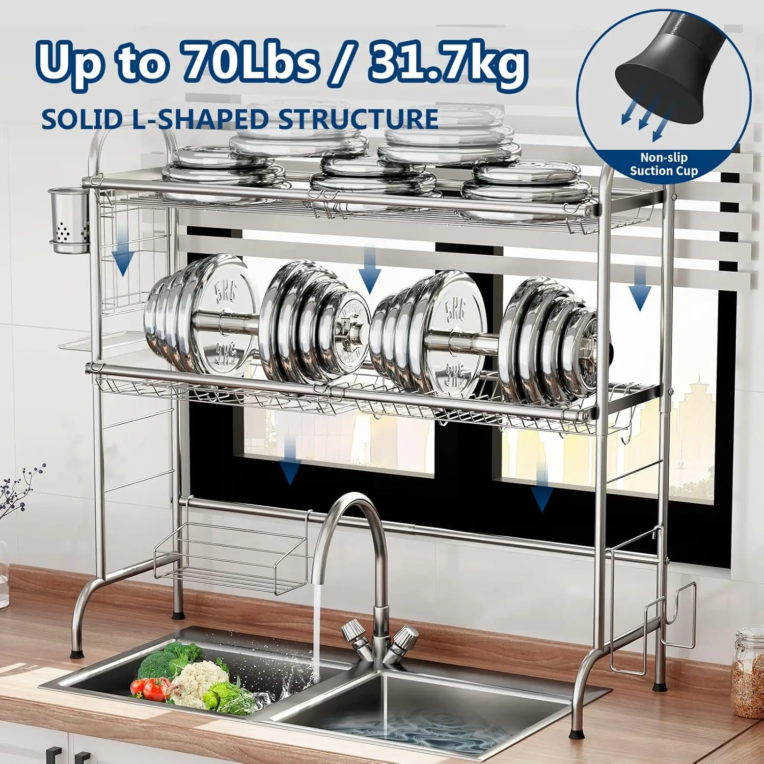 Stainless Steel 2 Tier Large Over The Sink Dish Rack,Sink Rack with Utensil Holder for Organizer Dishwasher Kitchen Counter