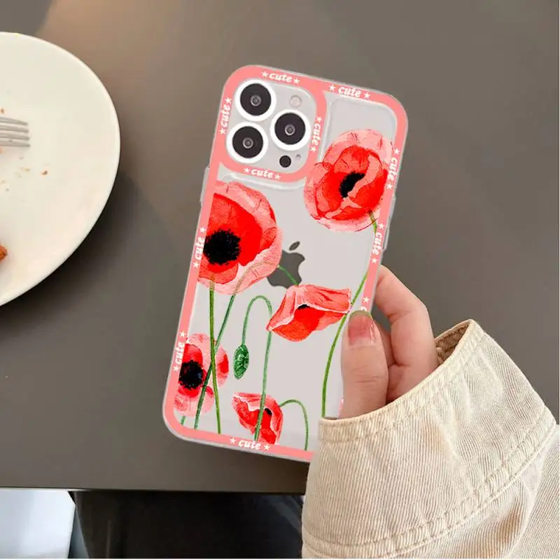 Red poppies tulip rose Phone Case for iPhone 11 12 13 Mini Pro Max 14 Pro Max Case shell