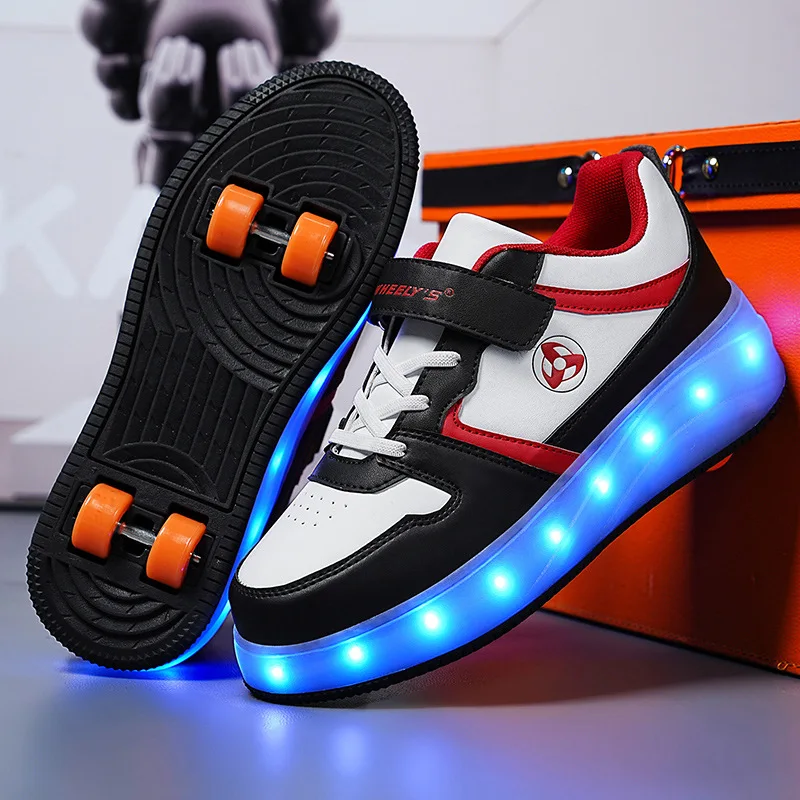 Scarpe a rotelle in pelle PU per bambini 4 ruote moda LED pattini per bambini scarpe da ginnastica per ragazzi e ragazze taglia 29-40,