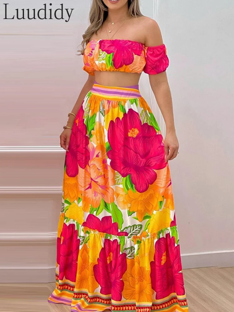 Women Floral Print Off Shoulder Lantern Sleeve Top & Skirt Set