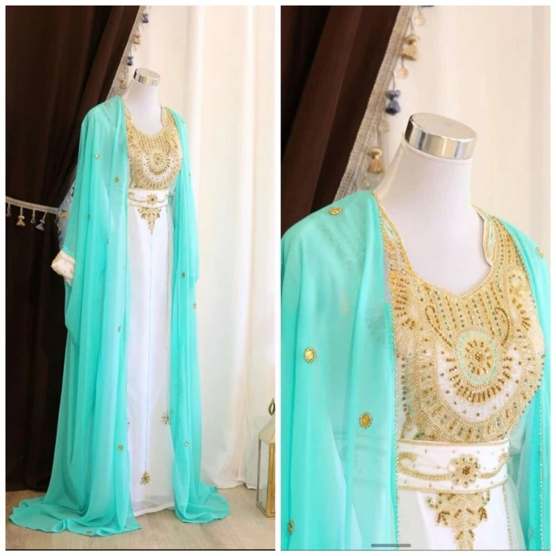 

Sea Green 8 White Kaftans Farasha Abaya Dress From Dubai Morocco Is Very Stylish and Trendy with A Long Floral Dress