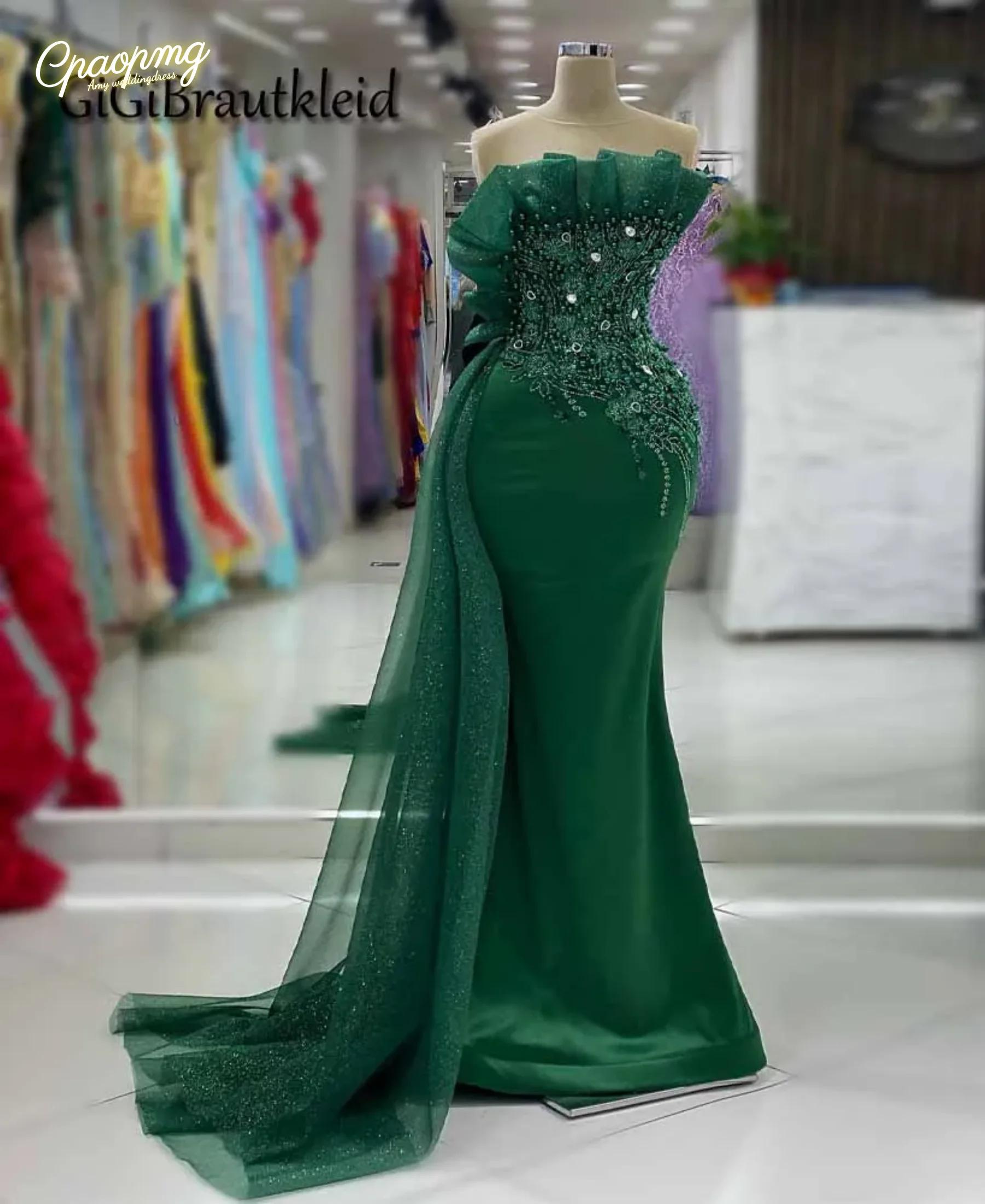 

Customized Green Mermaid Prom Dress Beaded Crystals Appliques Evening Formal Party Birthday Engagement Gown Robe De Soiree