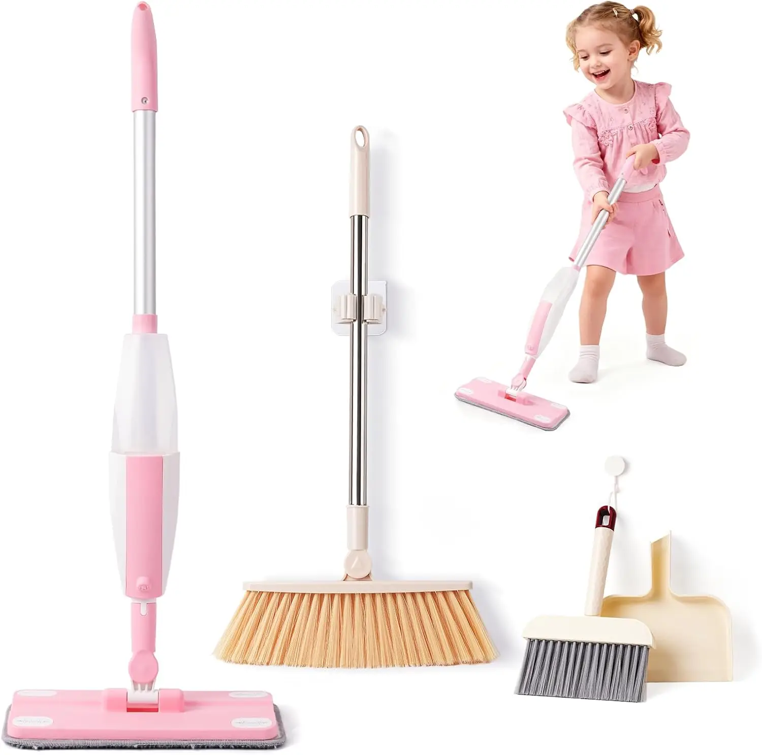 

Toddler Gifts Cleaning Toy Sets, Real Working Water-Spraying Mop Toy & Kids Broom Dustpan Set