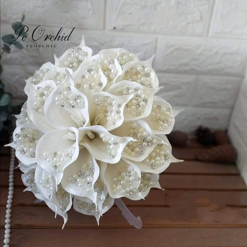 PEORCHID Custom Made Pearl Crystal Wedding Bouquets Bridal Artificial Silk Flowers Luxury Design Beaded Brides Bouquet