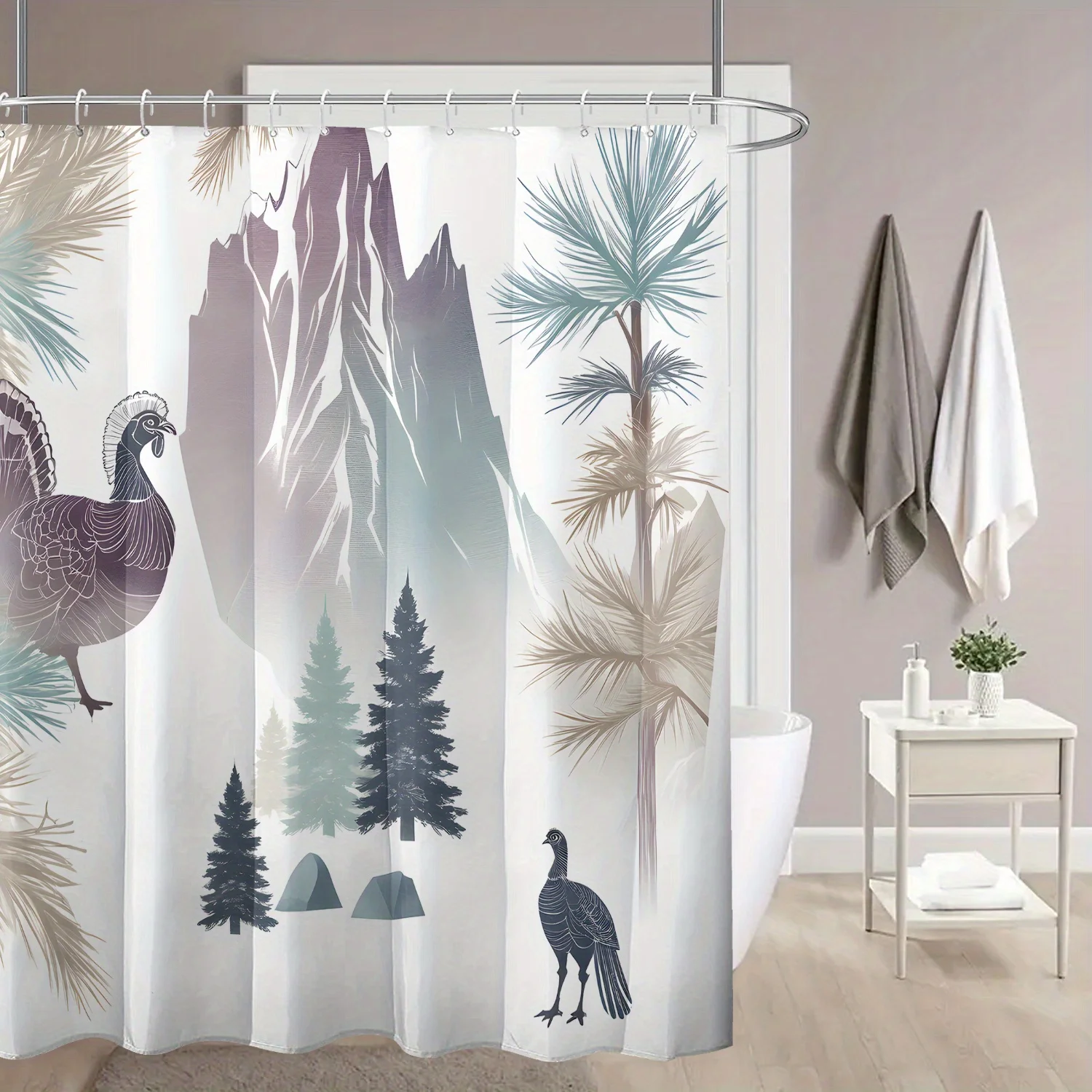 

Thanksgiving Mountain Turkey Shower Curtain Waterproof Polyester with Hook Bathroom Decoration Holiday Home Gift for Bathroom
