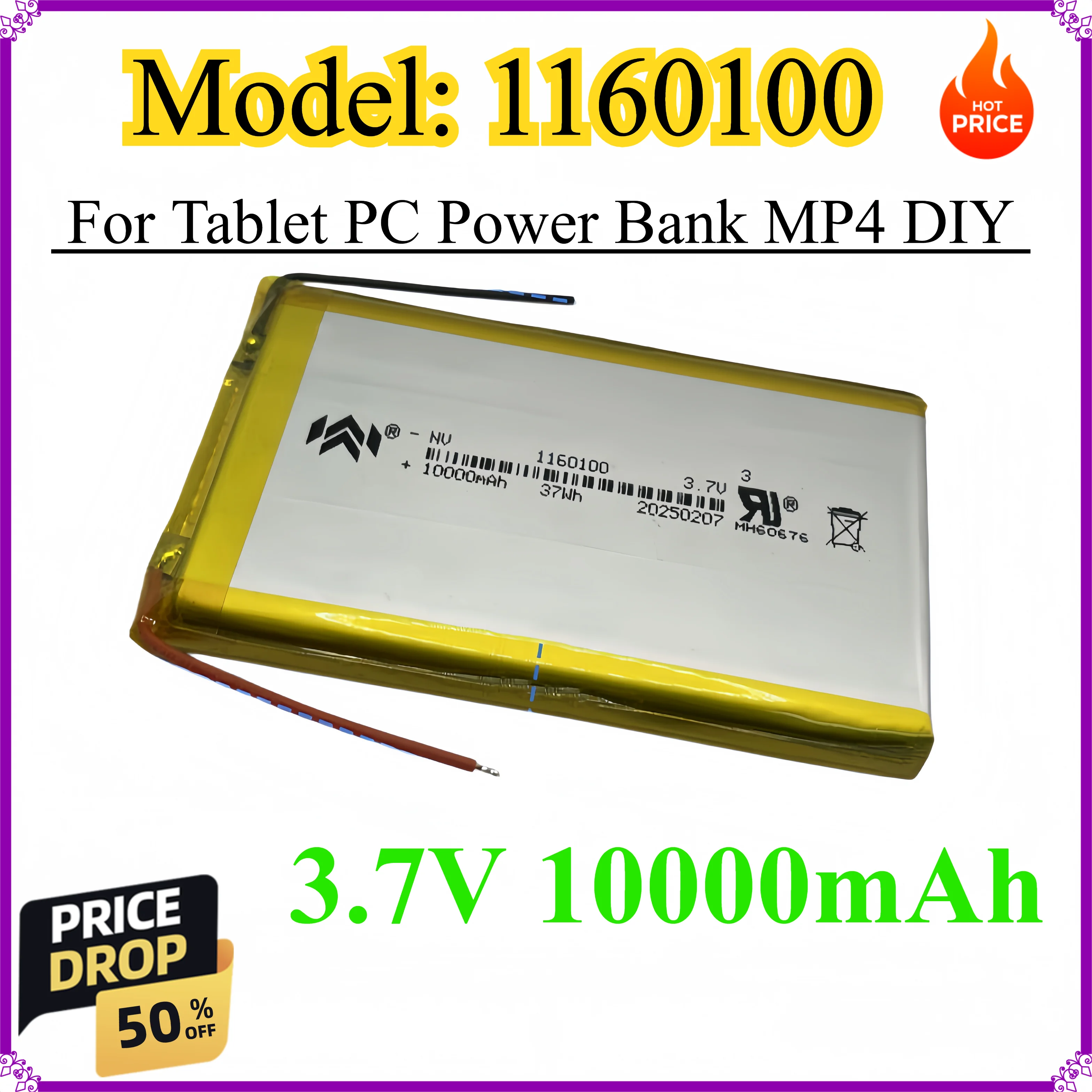 

1160100 3.7V 10000mAh Lithium polymer Rechargeable build in Batteries For Tablet PC Power Bank MP4 DIY
