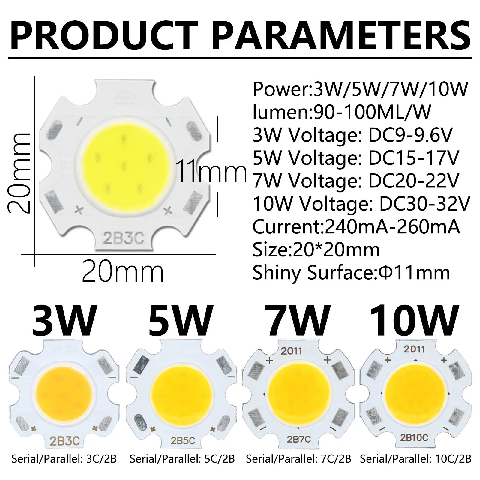 15pcs a lot 3W 5W 7W 10W LED Source Chip High Power LED COB Side 11mm Light Bulb Lamp Spotlight Downlight Lamp Warm Nature White