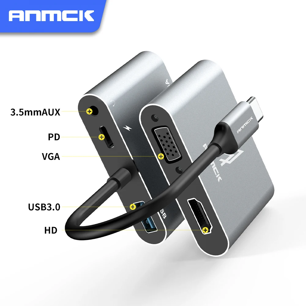 Anmck USB C 4K Loại C Adapter VGA USB3.0 HDMI-Tương Thích Âm Thanh Chuyển Đổi Video PD 87W bộ Sạc Nhanh Dành Cho Macbook Pro Samsung S9