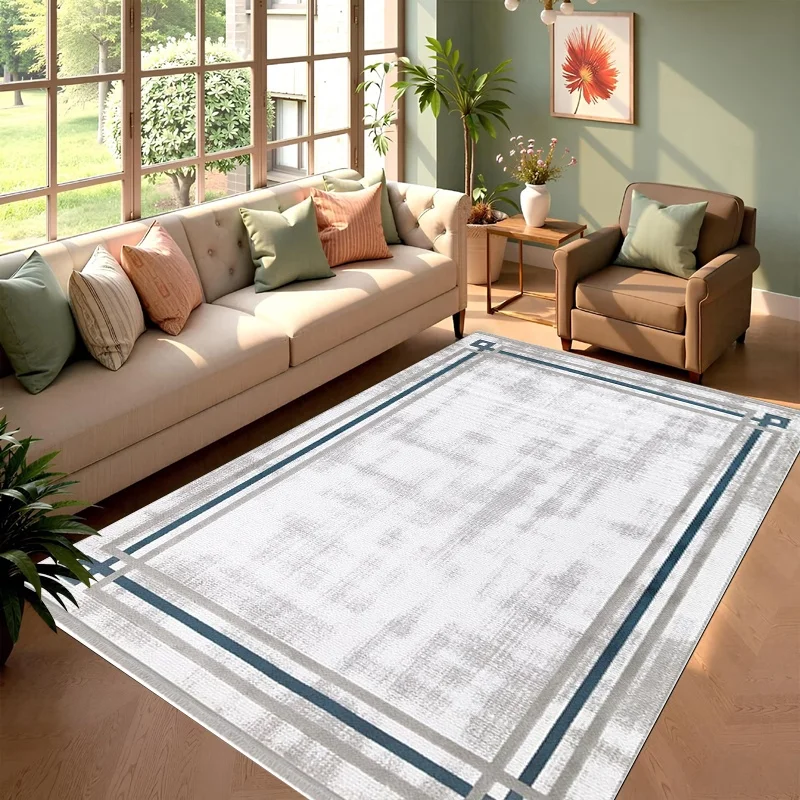 Minimalist Striped Border Area Rug, Faded Geometric Print Floor Carpet, Modern Living Room Decor Rug