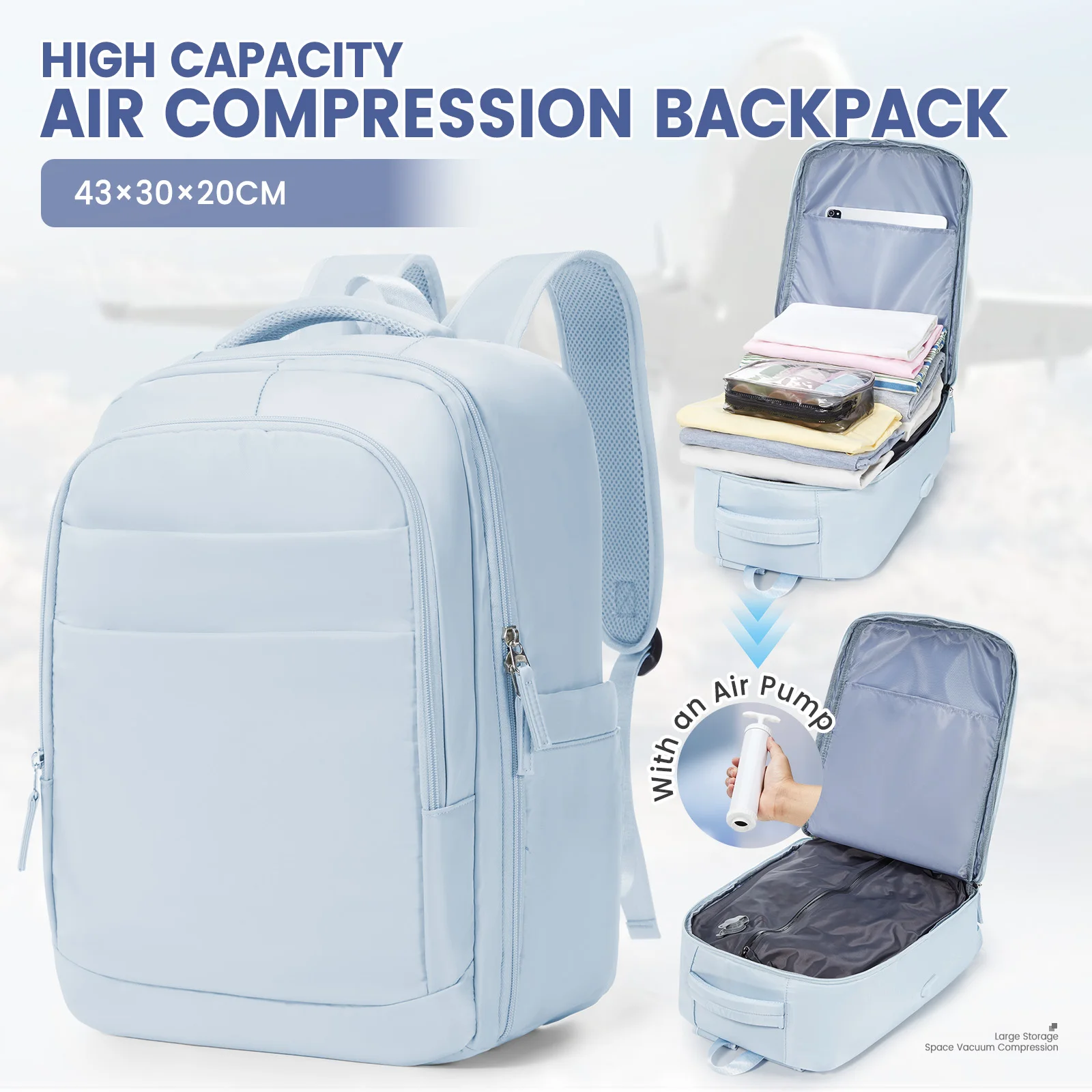 Ryanair-zugelassener Handgepäck-Rucksack 40x30x20 Reiserucksack Langlebiger Flugzeugkabinen-Vakuum-Kompressionsrucksack mit Manueller Pumpe