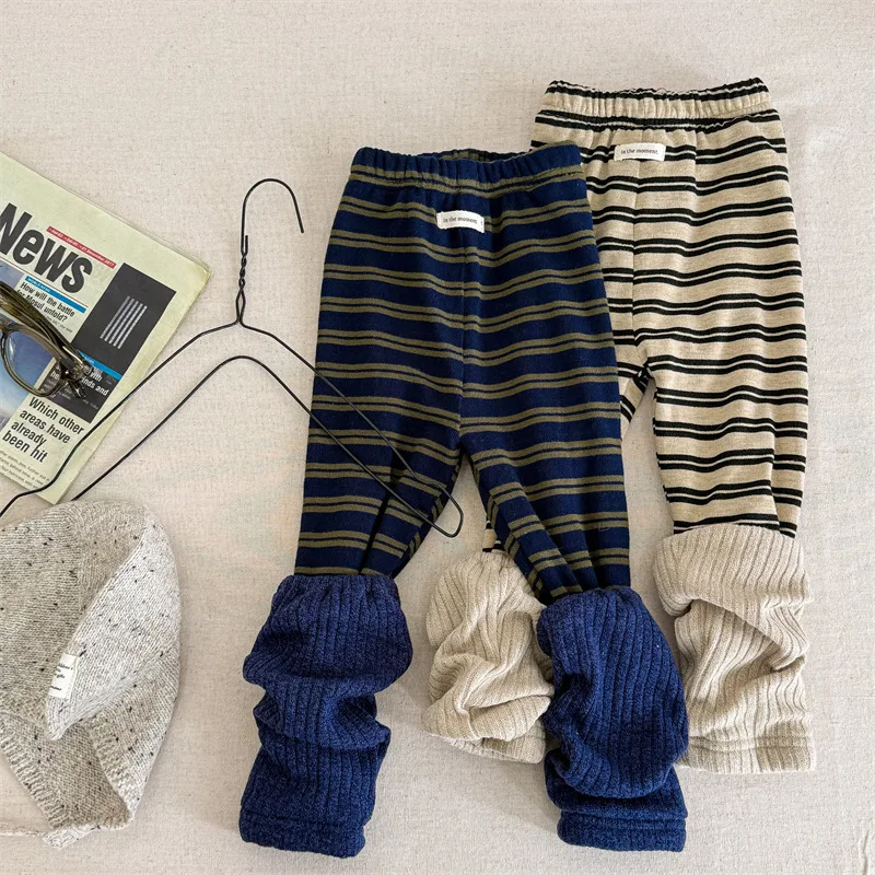 

2025 Winter New Children Fleece Leggings Cotton Girls Patchwork Striped Trousers Plus Velvet Thick Baby Warm Pants Kids Clothes