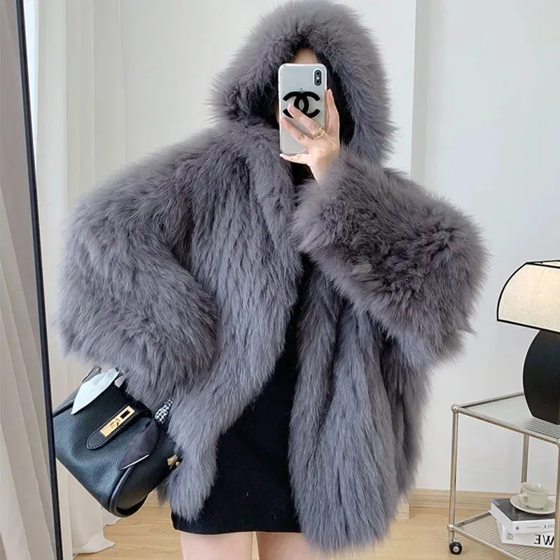 Fashion Hooded Faux Fox Fur Jacket Women Winter Warm Furry Jackets New Streetwear Loose Casual Gray Coats Female Outerwears