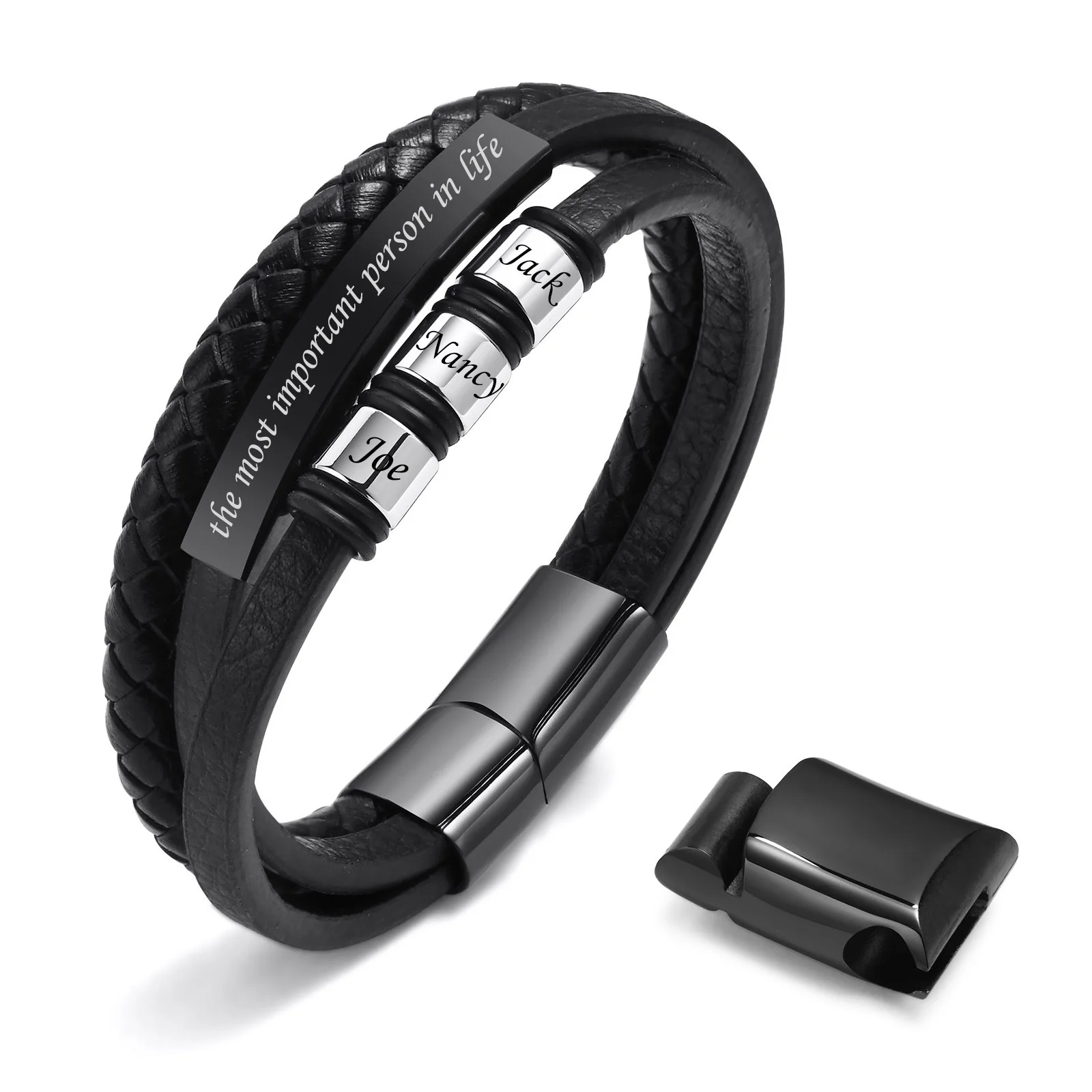 

Christmas' Day Gift Personalized Black Braided Leather Bracelet, with 3 Name Beads Engraving Leather Cuff for Men Gift