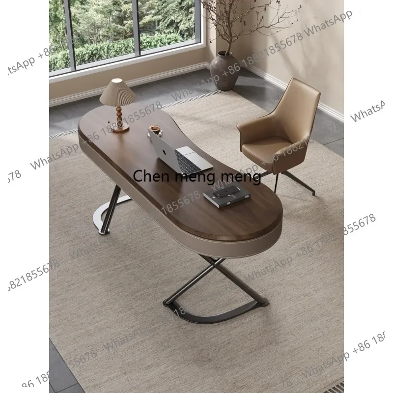 

High-end solid wood desk, light luxury saddle leather study, walnut leather office computer desk
