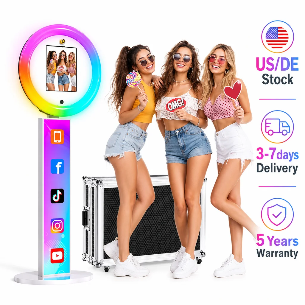 

Portable iPad Photo Booth Machine Via APP/Remote Control Selfie Stand With RGB Ring Light For Wedding Events Free logo With Case