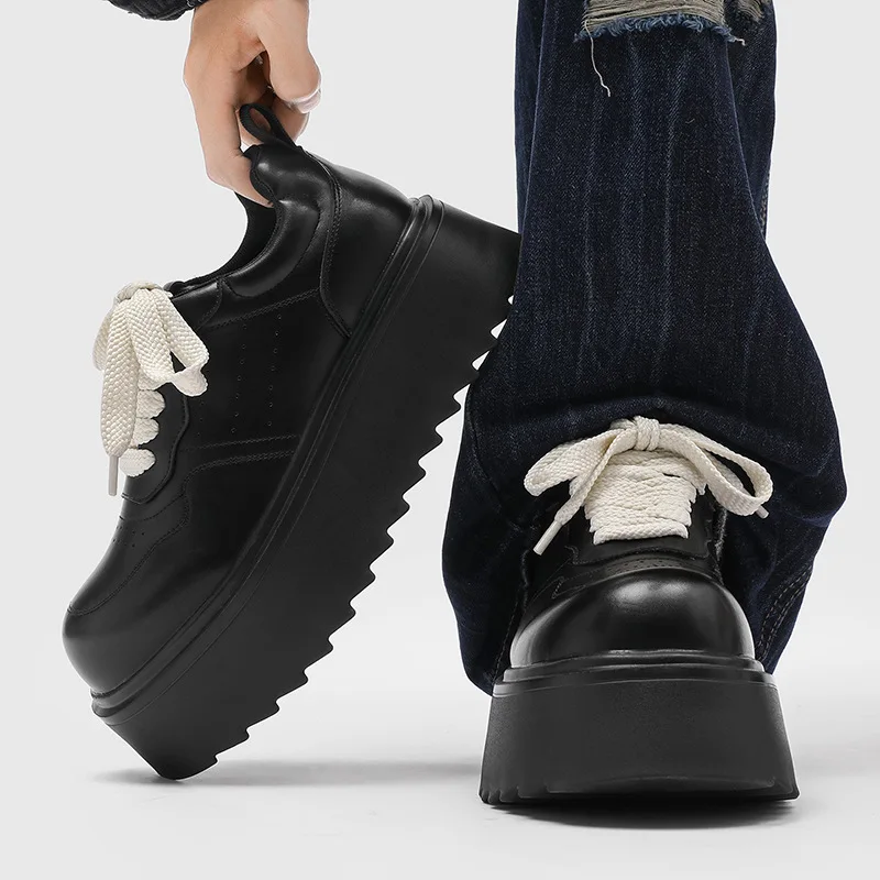 

men fashion punk stage high heels platform shoes lace-up genuine leather oxfords shoe black white designer sneakers man footwear
