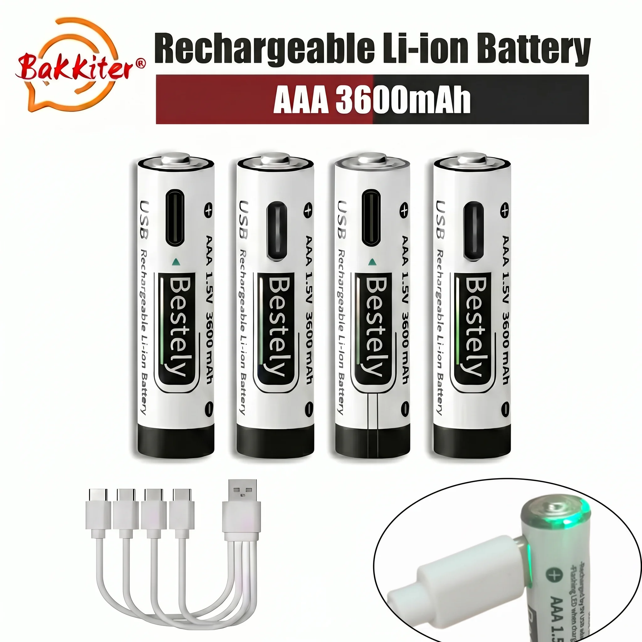 New 1.5V AAA 3600mAh Rechargeable Lithium Battery High Capacity Li-ion Battery USB-C Fast Charging Long-Lasting with free cable