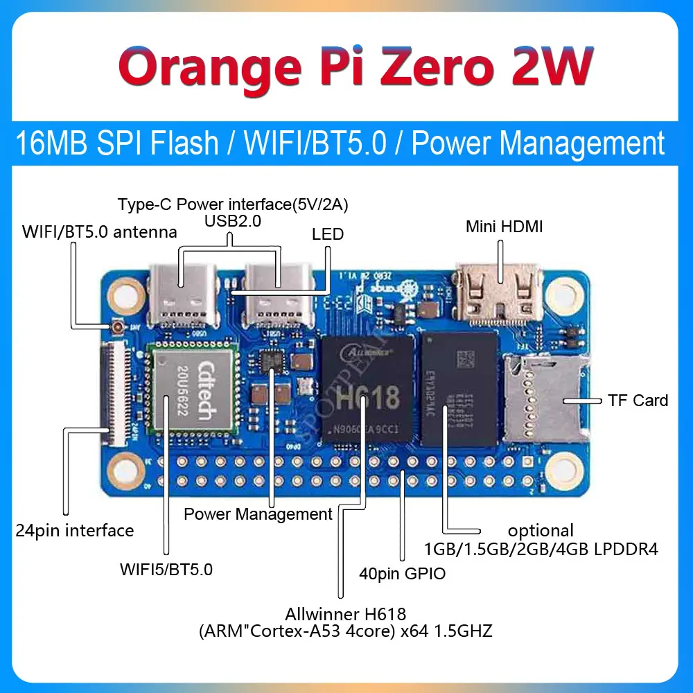 

Orange Pi Zero 2W Linux Development board Kit WIFI/BT5 LPDDR4/16MB SPI Flash Android TVBox Optional With Antenna/Expansion Board