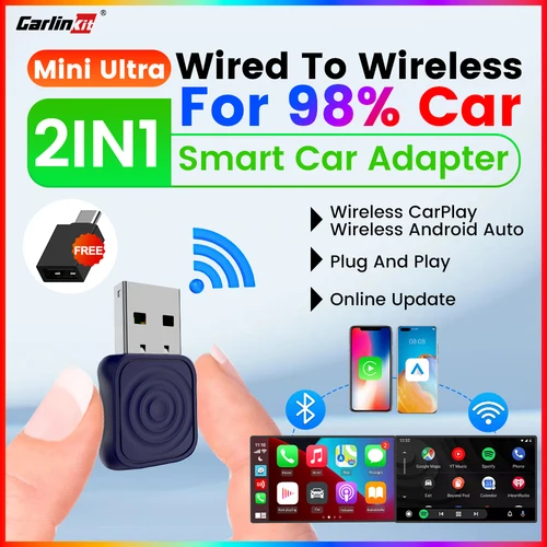 Adaptador Mini Ultra CarlinKit 5.0 con cable a inalámbrico, Android Auto inalámbrico, mini dongle USB CarPlay inalámbrico, compatible con conexión automática inalámbrica, iPhone y teléfono Android.