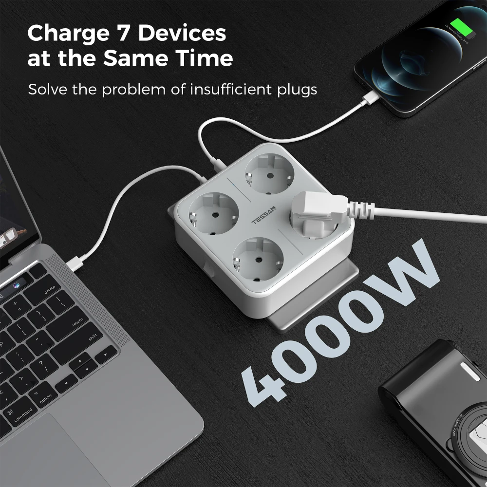 TESSAN EU Mulitple Wall Socket with On/Off Switch 4 AC Outlets 3 USB Charging Ports 5V 2.4A Power Strip Overload Protection