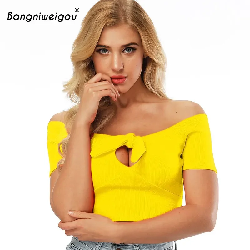 Bangniweigou Off Shoulder Summer Rib Knit Crop Top Neon Yellow Bow Tie-up Bandage T Shirt S-XL Women Sexy Cut Out Solid Tshirts