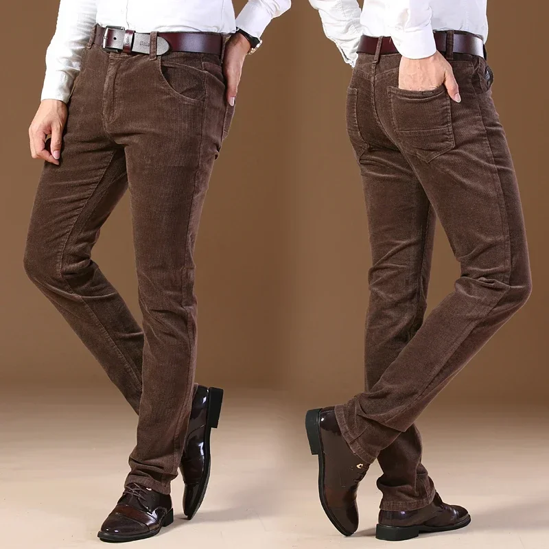 2023 Winter Men\'s Corduroy Casual Pants Business Fashion Solid Color Elastic Regular Fit Trousers Male Black Khaki Coffee Blue