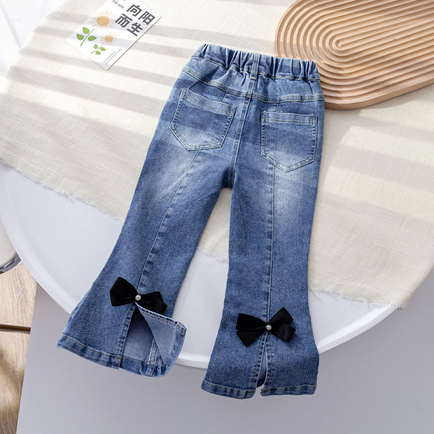 

New 2024 Spring Autumn Baby Girls Casual Wide-leg Jeans Bell Bottom Trousers Kids Fashion Bow Denim Flare Pants Clothing
