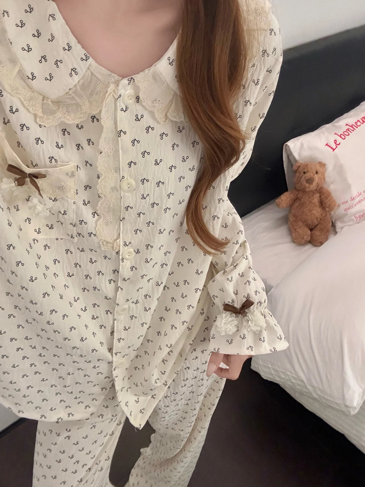 

Комплект домашней одежды в корейском стиле: новая женская пижама из облачного хлопка с цветочным кружевным воротником, длинными рукавами, свободного кроя, для весны и осени