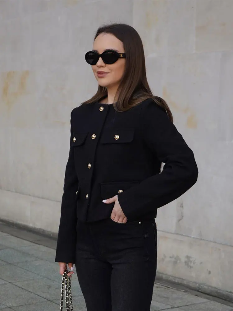 

2024 Spring Woman Fashion Short Textured Coat Solid Buttons Pockets Blazer Female Chic Street Outerwear Women's Jacket