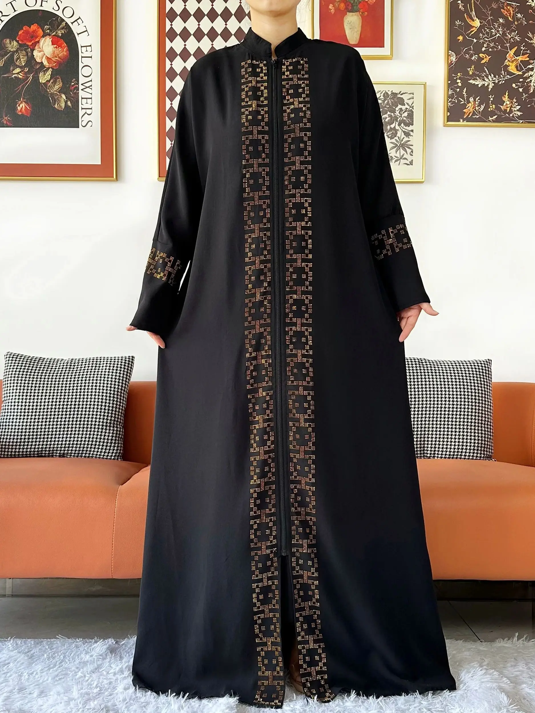 2024 Muslim Ramadan Tranditional Turtleneck Long Sleeve Dress Women Cardigan Open Abaya Dubai Caftan Islamic Kimono Clothes