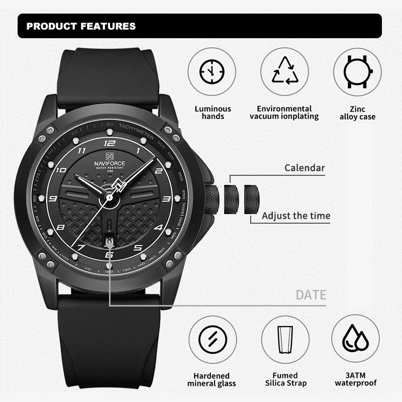 NAVIFORCE Man Casual Quartz Wristwatches Water Resistant Men\'s Silicone Strap Watches Sports Male Clock NF8031 Relogio Masculino