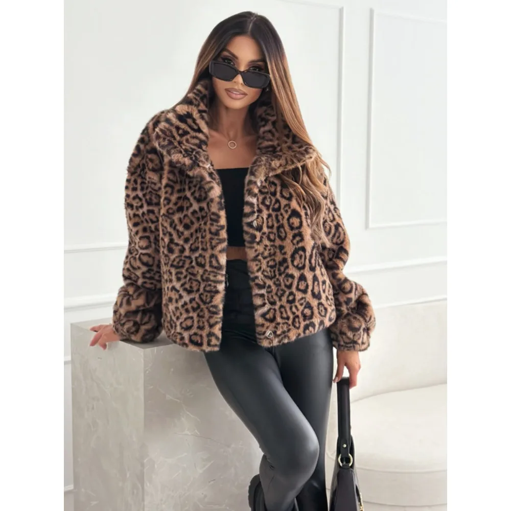 Long Sleeve Fashion Casual Leopard Print Jacket Women\'s 2024 New Hot Selling Temperament Commuter Mao Mao Short Jacket