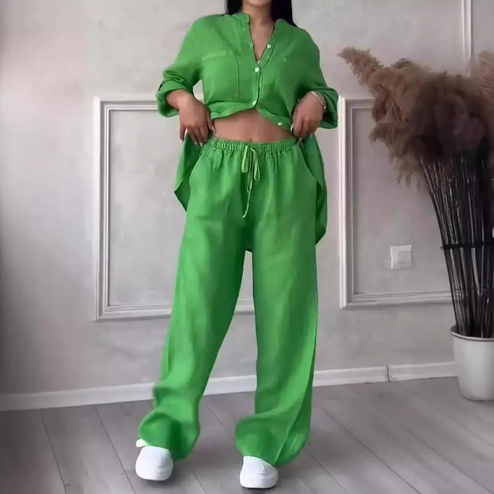 Conjuntos para mulheres cor sólida casual solto calça longa 2025 elegante primavera verão botões topo homewear novo duas peças terno feminino