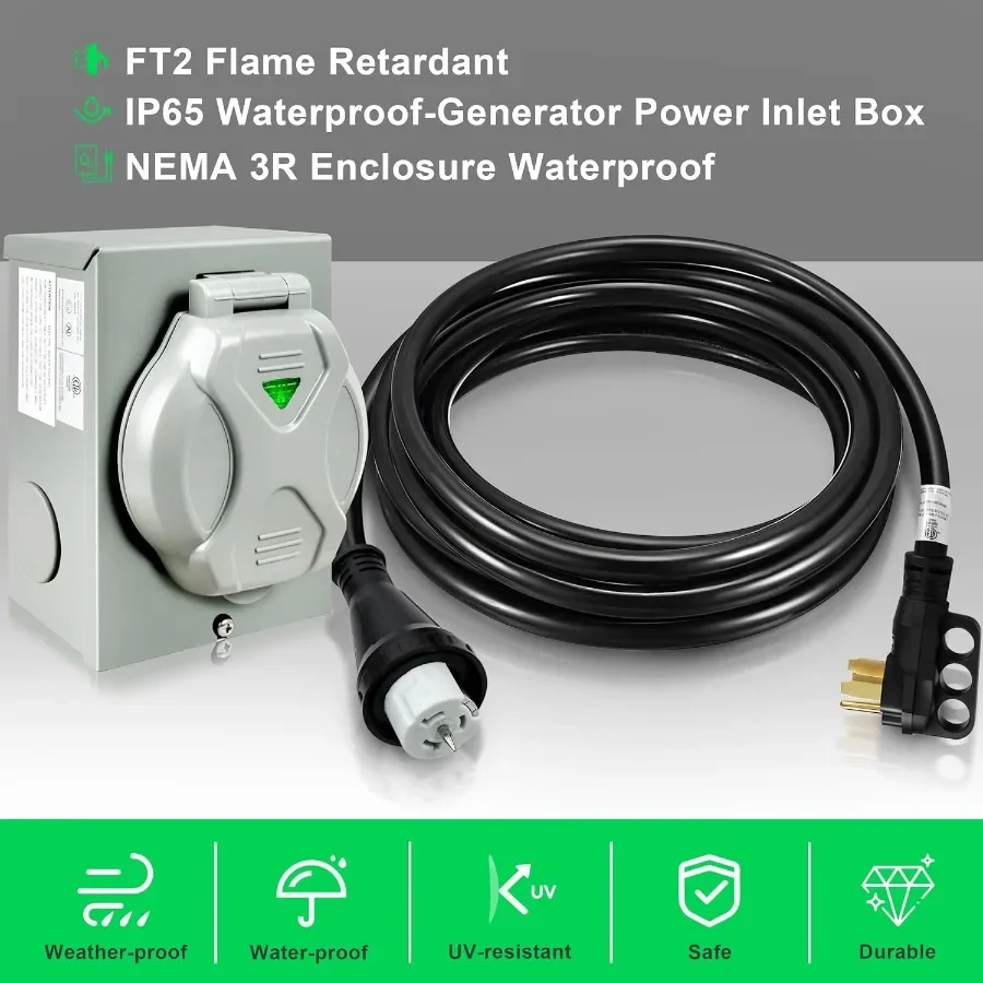 50 Ampere Generatorkabel 25 Fuß mit vorgebohrtem Stromeingangskasten für Outdoor-Wohnmobile und Home-Backup-Stromversorgung NEMA 1450P bis SS250R Twist Lock