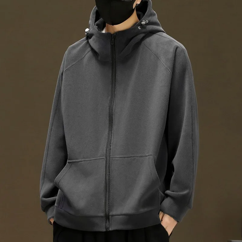 

Autumn and Winter Polar Fleece Hooded Cardigan Sweatshirt Solid Color Simple Men's Zipper Jacket Top
