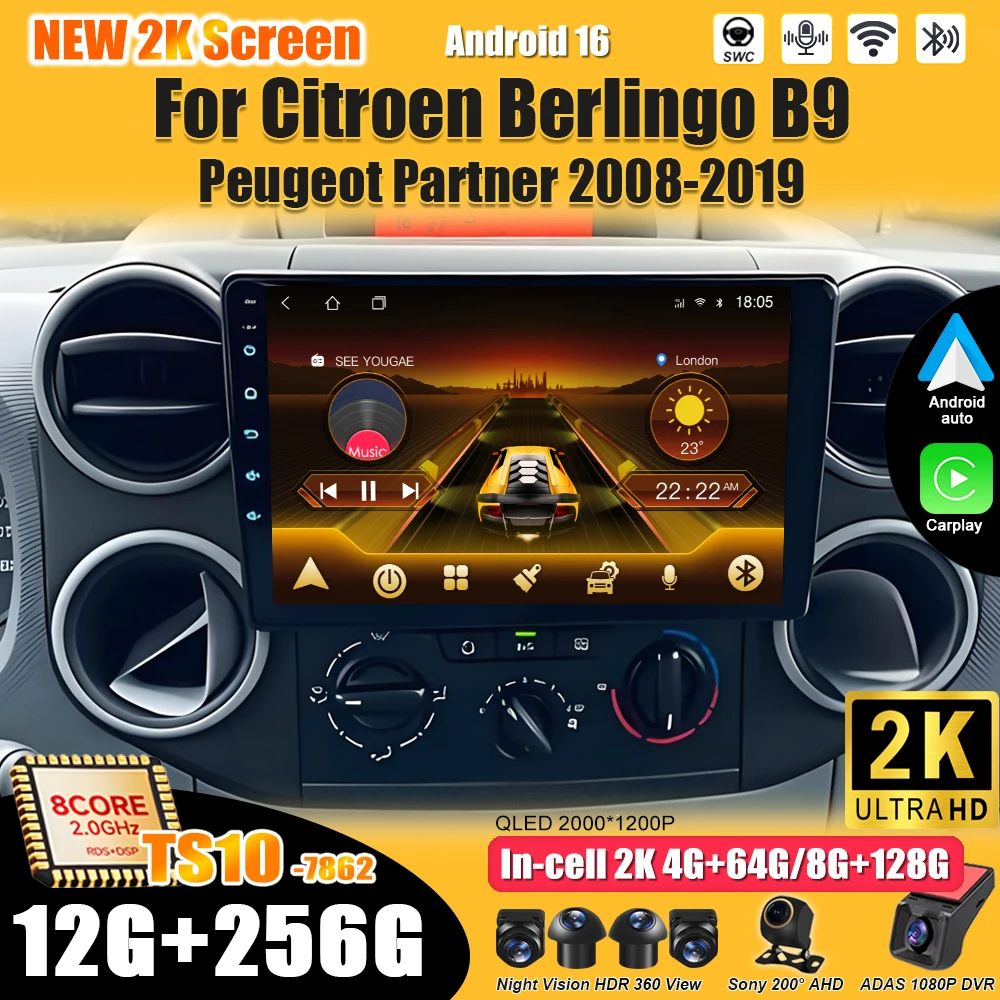 Radio Estéreo para Auto Android 16 para Citroen Berlingo B9 Peugeot Partner 2008-2019, Unidad Principal 2 DIN, Navegación Inalámbrica, Android Auto