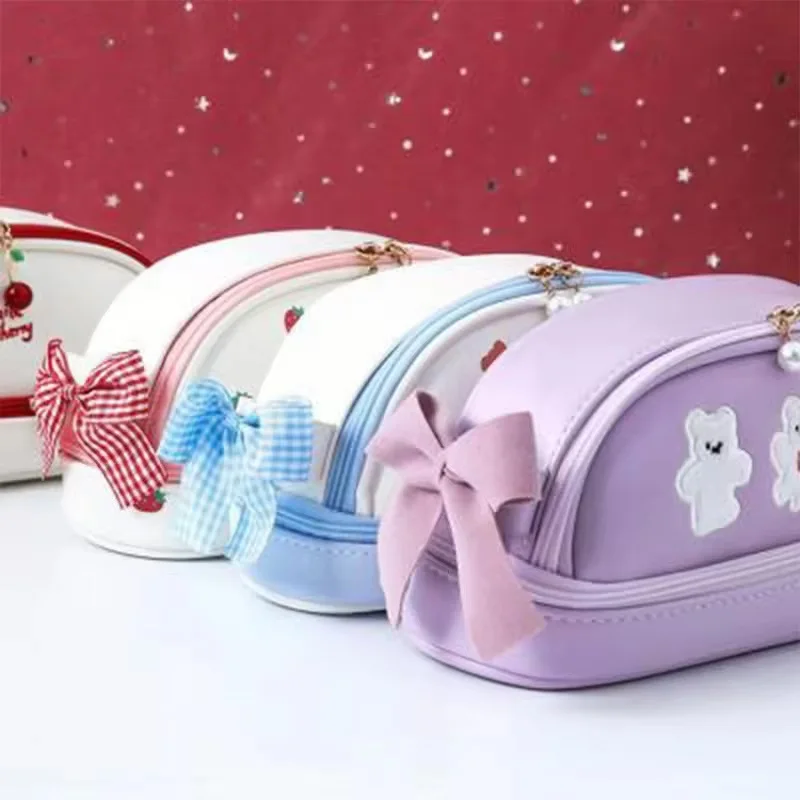 1 قطعة مقلمة فتاة لطيف طبقة مزدوجة الفراولة الكرز الحب مقلمة سعة كبيرة طالب القرطاسية تخزين القلم حقيبة