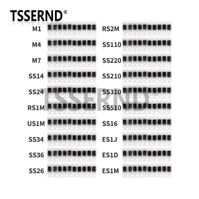 200pcs/lot SMD Diode Assorted Kit M1 M4 M7 SS14 SS24 SS34 SS210 SS510 RS1M US1M ES1M 20ValuesX10pcs Electronics SMA Diodes Set