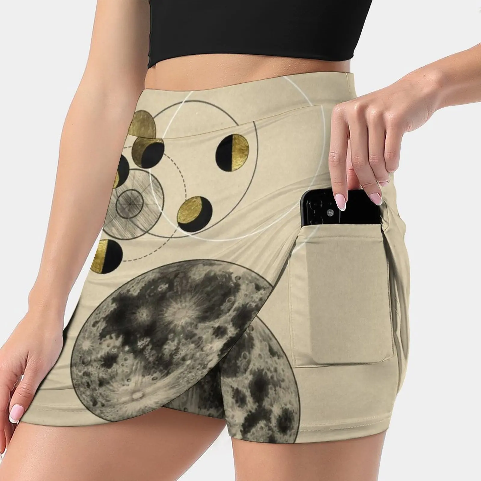 

Женская мини-юбка фаза Луны, трапециевидная юбка с карманом, черная, белая, золотая, желтая Луна фазы Луны