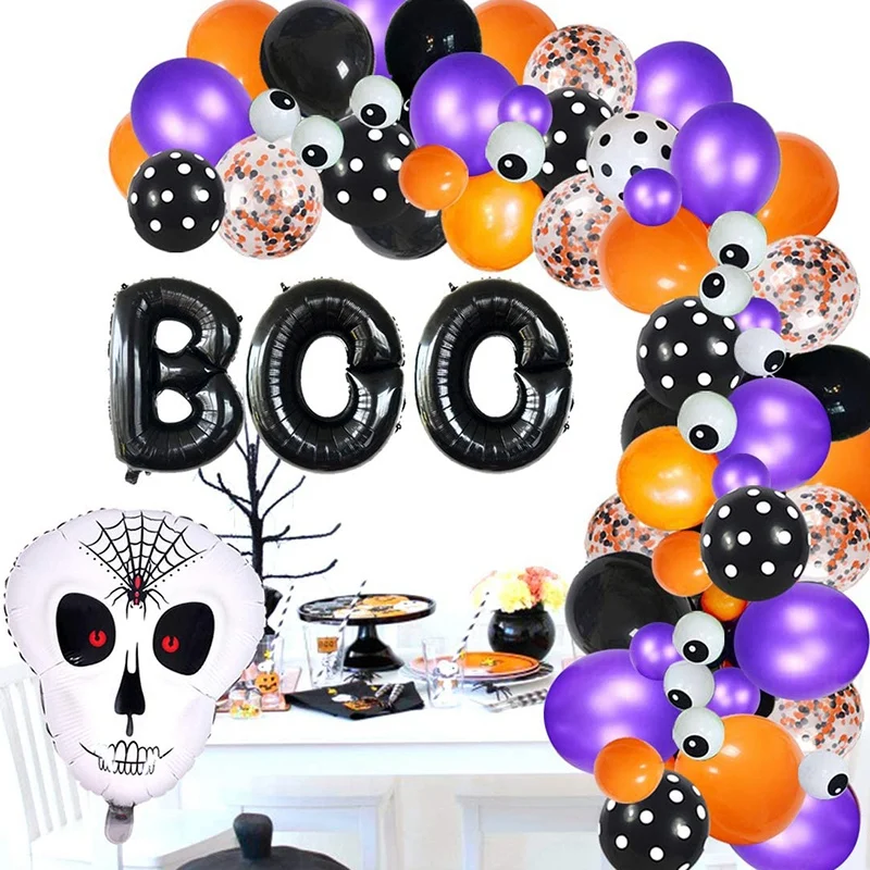 Halloween Balloon Arch Garland Kit-Boo Banner, Confetti Orange Black Purple Eyeball Skull Balloon