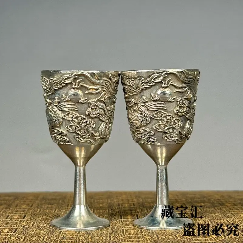 Retro Old Collection 2 Pcs Pure Copper Silver Plated Dragon Phoenix Cup Home Decoration Collectible Display Sculpture