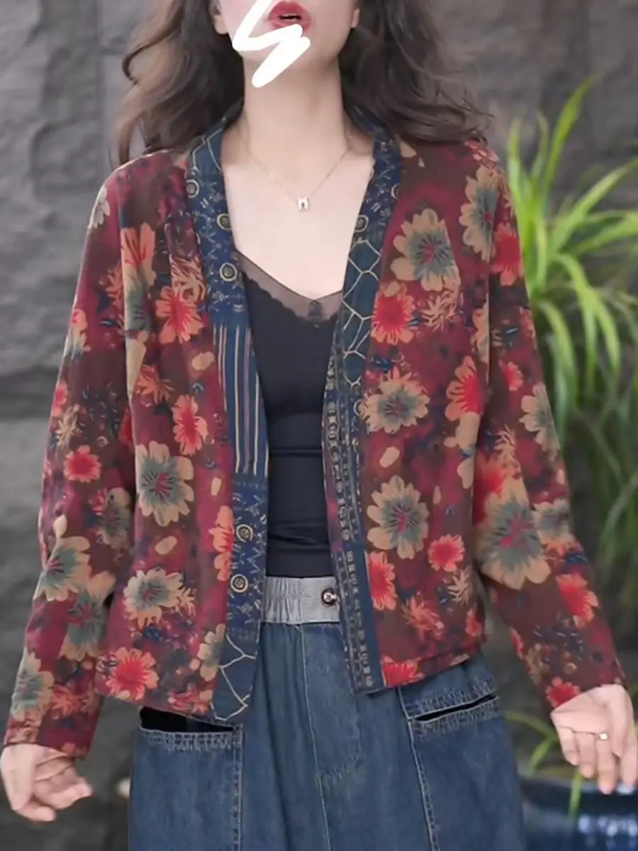 Ele rétro Double face porter Long Sve imprimé fleuri ort Cardigan Faionable artistique dames coton décontracté Jaet