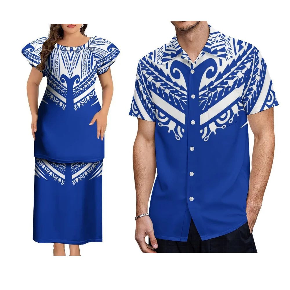 Round-Neck Couple Style Puletasi Dress Shirt Samoa Fiji Islands Art Print Custom Polynesian Tribal Ethnic Retro Women'S Dress