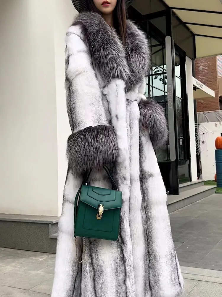 2024 New Real fur,Elegant Style  Maxi Women Real Fox Fur Collar long maxi natural fox fur Coat Windbreak YN03