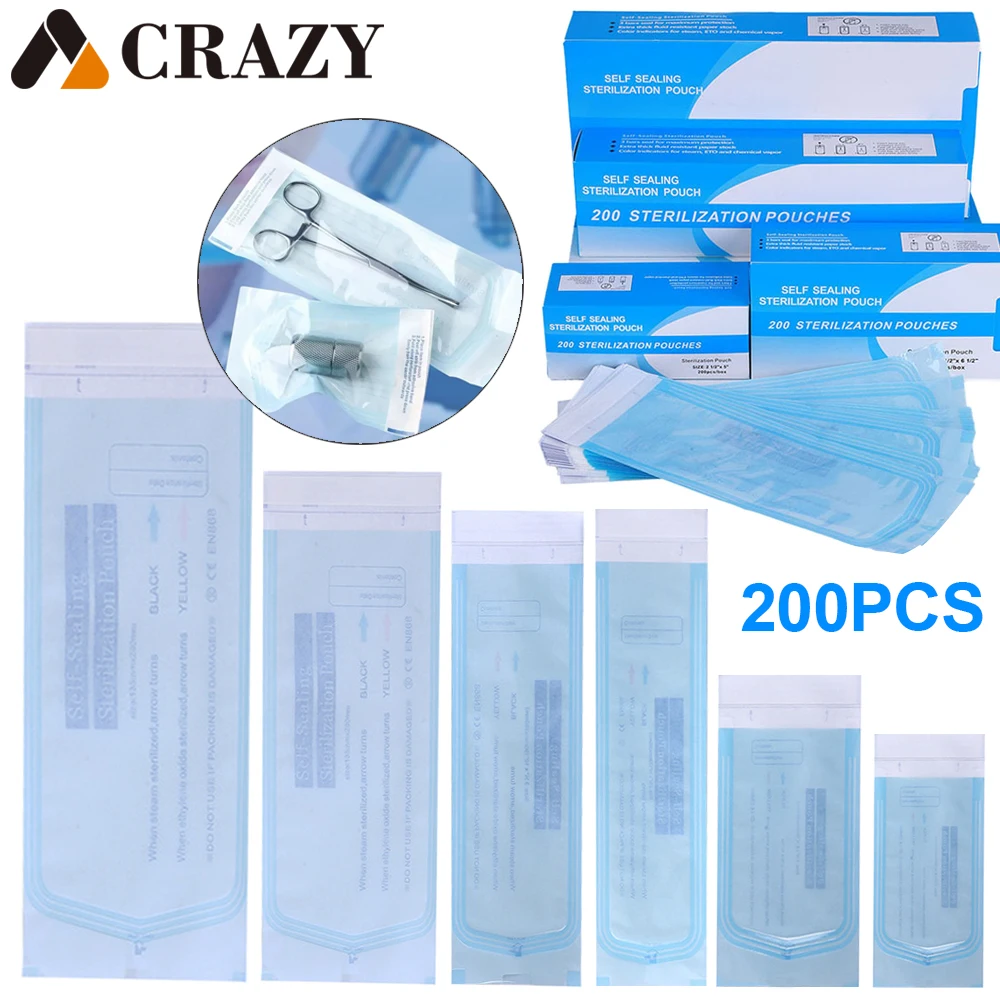 Self-sealing Sterilization Pouch Bags, Medical Grade, descartável, prego, tatuagem, acessórios, saco de armazenamento, ferramenta, 7 Tamanho, 200pcs