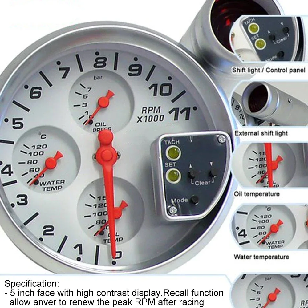 

5" TYPE R 4-IN-1 TACHOMETER TACHOMETER WITH WATER TEMP OIL TEMP OIL PRESSURE AUTO METER AUTO GAUGE/CAR METER CAR PARTS