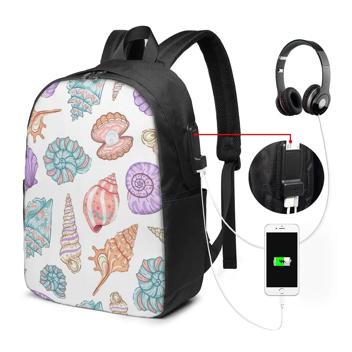 Colorful Watercolor Art Sea Shell Backpack Travel Notebook Bag Computer College Student School Bag Laptop Shoulder Bags