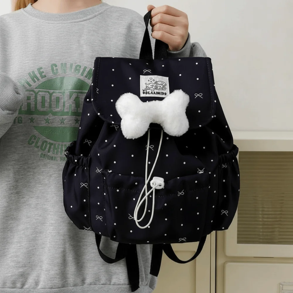 Sweet Drawstring Polka Dot Backpack Bowknot Large Capacity Double Shoulder Bag Nylon Ultra Light Commuting Backpack Women